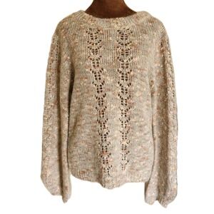 Willow & Clay Sweater Beige Marled Fuzzy Ribbon Coquette Relaxed Wool Mohair XS